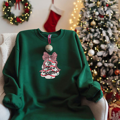 Tis The Season Coquette Christmas Tree Cake Embroidered Sweatshirt, Coquette Giltter Pink Bow, Crewneck Pullovers Sweatshirt Xmas