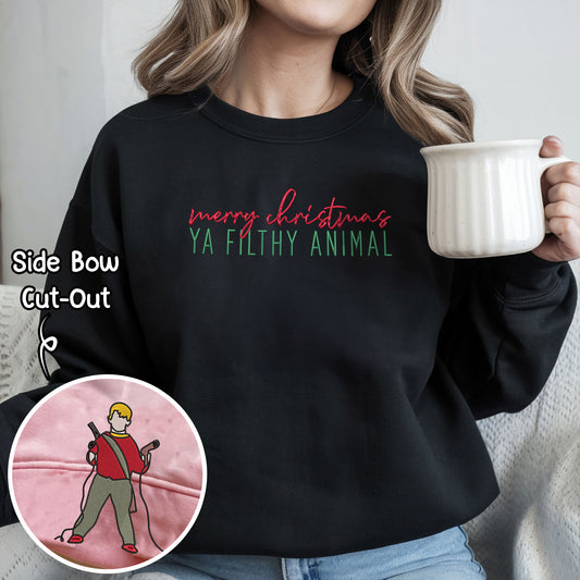 Merry Christmas Ya Fifthy Animal Home Alone Side Bow Embroidered Sweatshirt, Christmas 90s Movie Shirt, Kevin Side Bow, Christmas Bow Sweatshirt