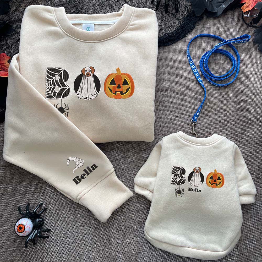 Boo Custom Dog Embroidered Matching Shirt, Spider Web Spooky Halloween Gift