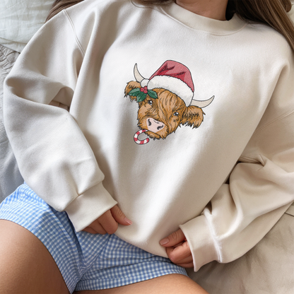 Moo-y Christmas Highland Cow Sweatshirt, Christmas Gift for Her for Him, Cow Lover Hoodie, Farm Life Christmas Shirt