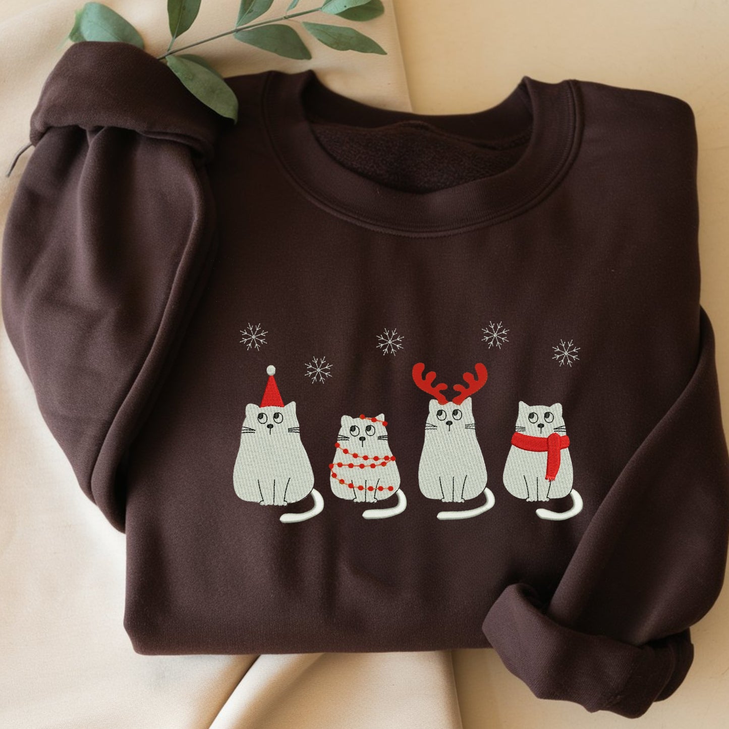 Cute Christmas Cat Embroidered Sweatshirt, Funny Xmas Cat Crewneck Sweatshirt