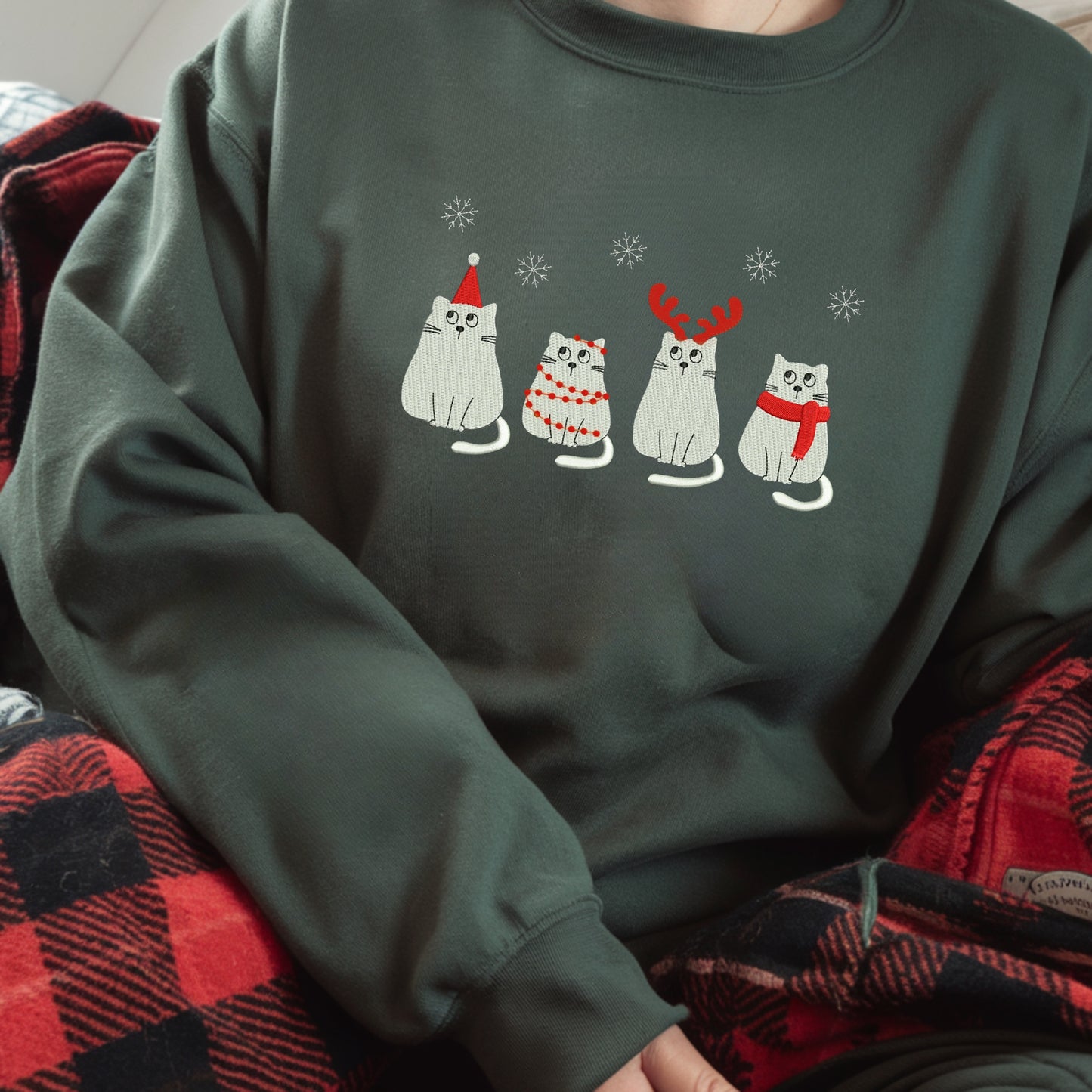 Cute Christmas Cat Embroidered Sweatshirt, Funny Xmas Cat Crewneck Sweatshirt