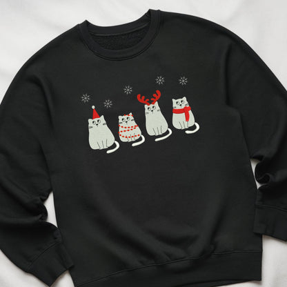 Cute Christmas Cat Embroidered Sweatshirt, Funny Xmas Cat Crewneck Sweatshirt