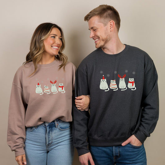 Cute Christmas Cat Embroidered Sweatshirt, Funny Xmas Cat Crewneck Sweatshirt