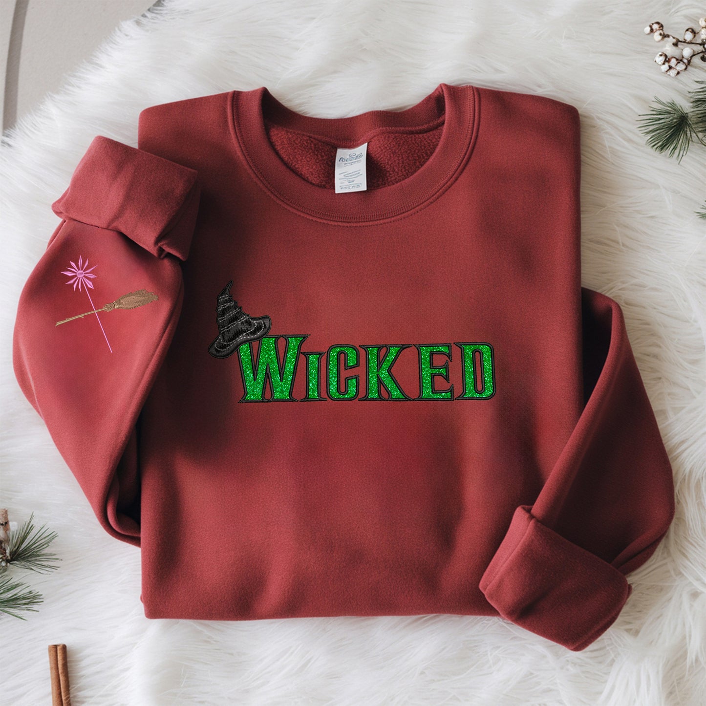 Wicked Glitter Embroidered Sweatshirt, Defy Gravity Broomstick On Sleeve Sweatshirt, Wizard of Oz Movie Gift, Cotton, Recycled Polyester Blends