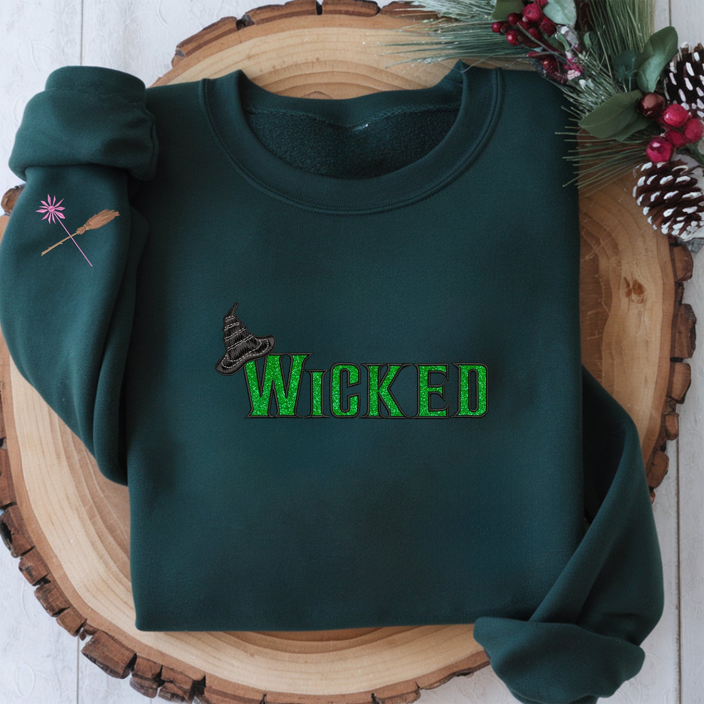 Wicked Glitter Embroidered Sweatshirt, Defy Gravity Broomstick On Sleeve Sweatshirt, Wizard of Oz Movie Gift, Cotton, Recycled Polyester Blends