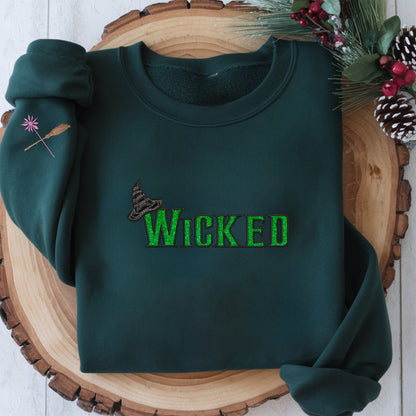 Wicked Glitter Embroidered Sweatshirt, Defy Gravity Broomstick On Sleeve Sweatshirt, Wizard of Oz Movie Gift, Cotton, Recycled Polyester Blends