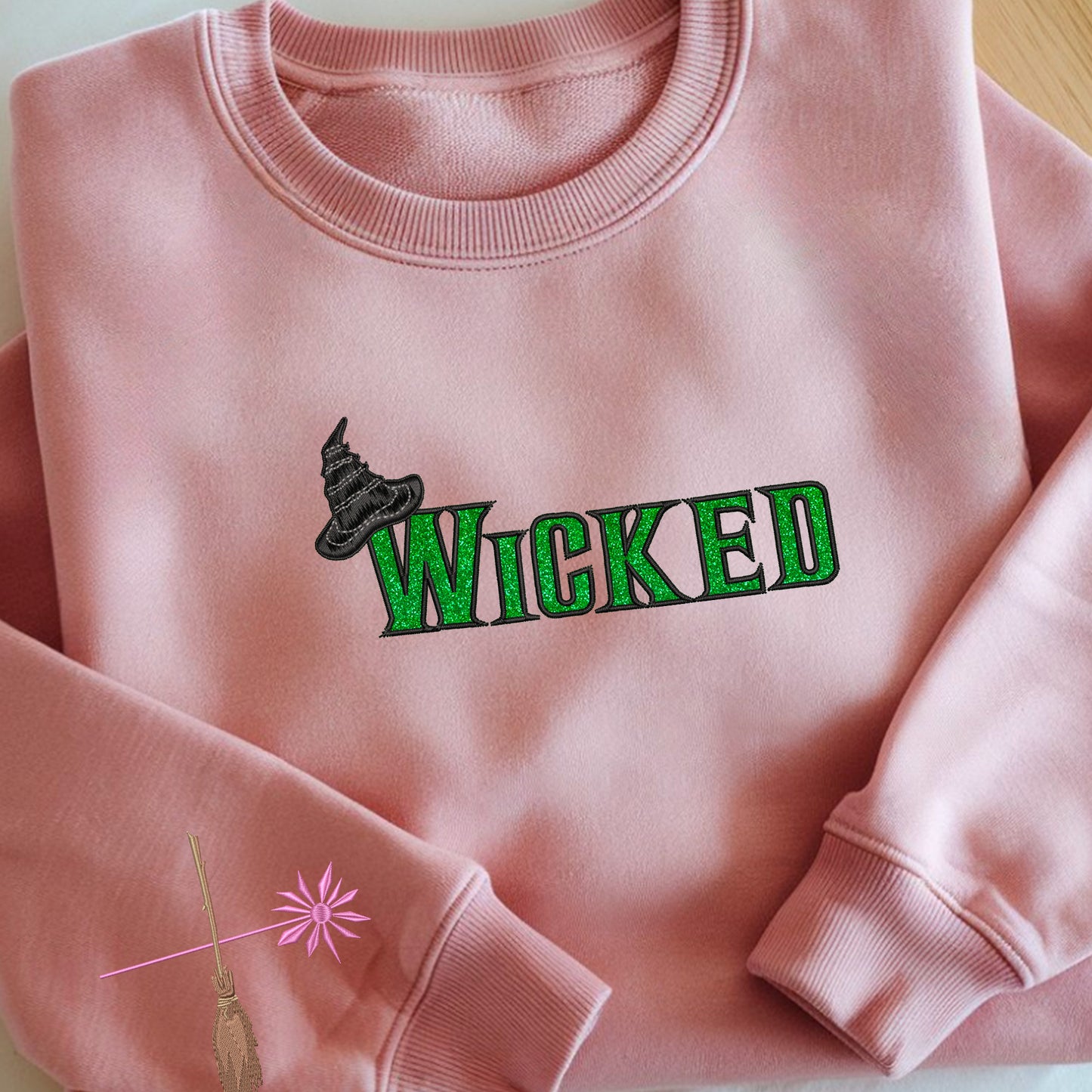 Wicked Glitter Embroidered Sweatshirt, Defy Gravity Broomstick On Sleeve Sweatshirt, Wizard of Oz Movie Gift, Cotton, Recycled Polyester Blends