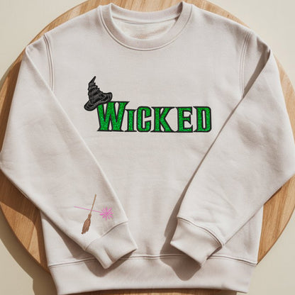 Wicked Glitter Embroidered Sweatshirt, Defy Gravity Broomstick On Sleeve Sweatshirt, Wizard of Oz Movie Gift, Cotton, Recycled Polyester Blends