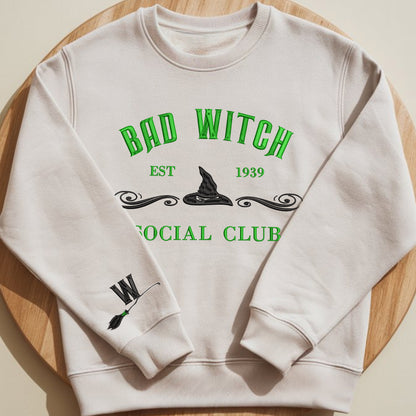 Good Witch Bad Witch Social Club Embroidered Sweatshirt, Cute Womens Sweatshirt, Besties Fall Crewneck Gift Cotton, Recycled Polyester Blends