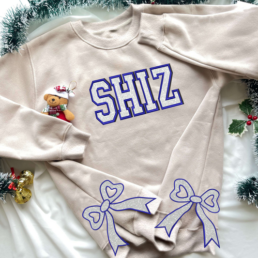 Shiz University Glitter Sidebow Embroidered Sweatshirt, Wicked Musical Glinda Elphaba, Side Bow Sparkling Crewneck, Coquette Style