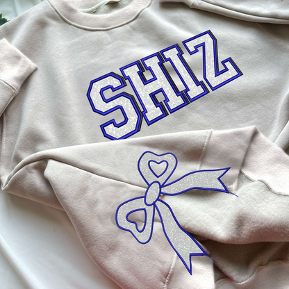 Shiz University Glitter Sidebow Embroidered Sweatshirt, Wicked Musical Glinda Elphaba, Side Bow Sparkling Crewneck, Coquette Style