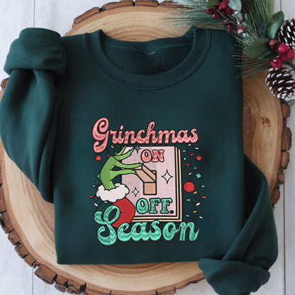 Embroidered Grinch Sweatshirt, Grinchmas Season Sweater, Santa-Inspired Holiday Pullover