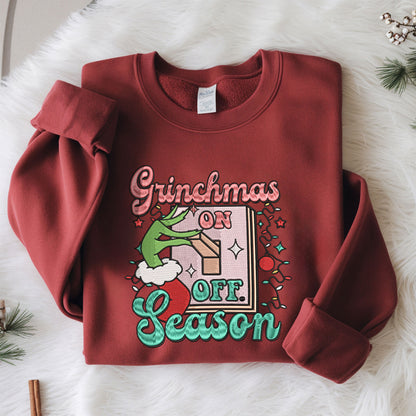 Embroidered Grinch Sweatshirt, Grinchmas Season Sweater, Santa-Inspired Holiday Pullover