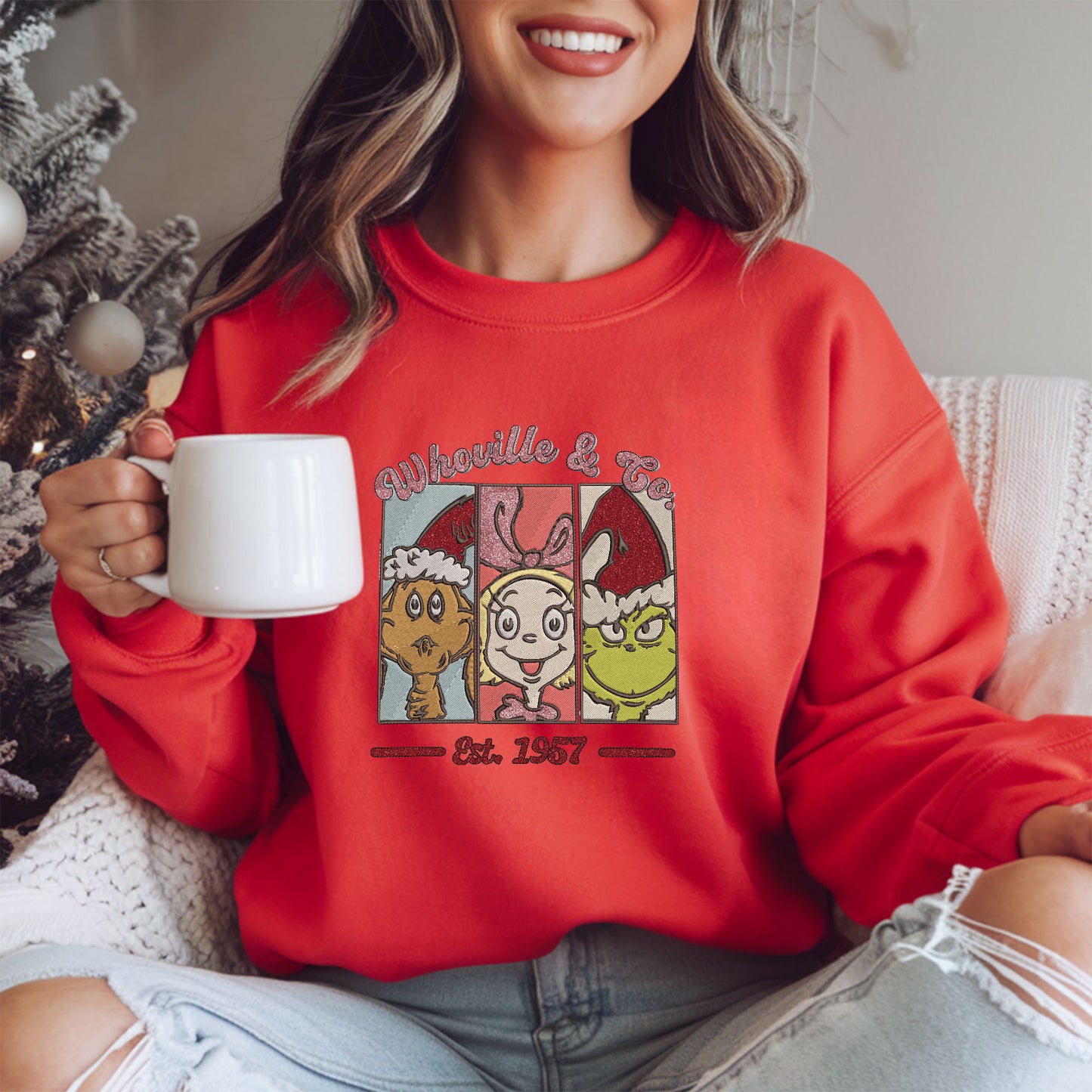 Embroidered Grinch Glitter Sweatshirt, Funny Cindy and Max Christmas Sweater, Whoville & Co Sweatshirt, Santa-Inspired Holiday Pullover