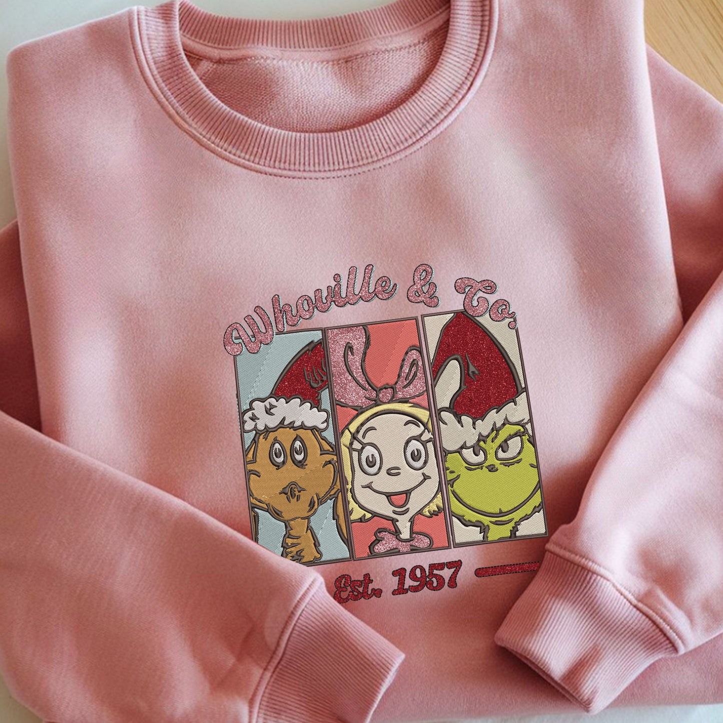 Embroidered Grinch Glitter Sweatshirt, Funny Cindy and Max Christmas Sweater, Whoville & Co Sweatshirt, Santa-Inspired Holiday Pullover