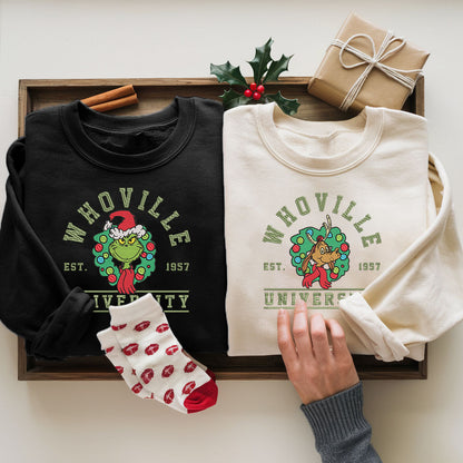 Embroidered Grinch Sweatshirt, Matching Christmas Pullover, Whoville University Festive Top, Grinch Squad Holiday Sweatshirt, Cute Christmas Sweater