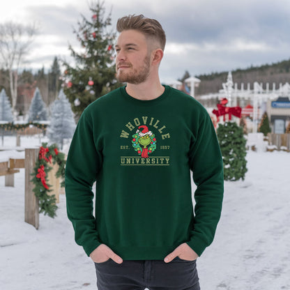 Embroidered Grinch Sweatshirt, Matching Christmas Pullover, Whoville University Festive Top, Grinch Squad Holiday Sweatshirt, Cute Christmas Sweater