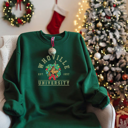 Embroidered Grinch Sweatshirt, Matching Christmas Pullover, Whoville University Festive Top, Grinch Squad Holiday Sweatshirt, Cute Christmas Sweater