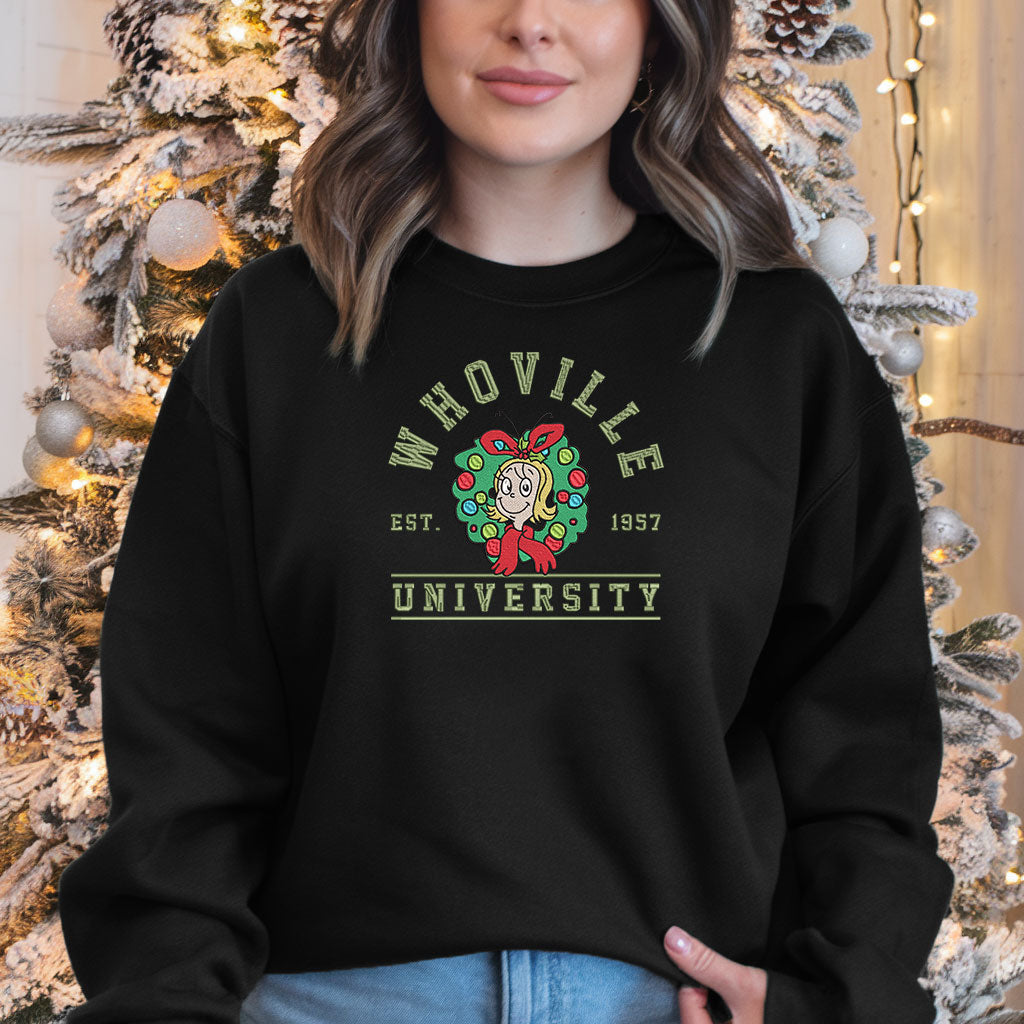 Embroidered Grinch Sweatshirt, Matching Christmas Pullover, Whoville University Festive Top, Grinch Squad Holiday Sweatshirt, Cute Christmas Sweater