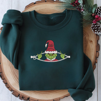 Embroidered Grinch Sweatshirt, Ugly Christmas Sweater, Santa-Inspired Zipper Pullover, Anti-Christmas Festive Top