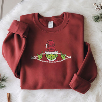 Embroidered Grinch Sweatshirt, Ugly Christmas Sweater, Santa-Inspired Zipper Pullover, Anti-Christmas Festive Top