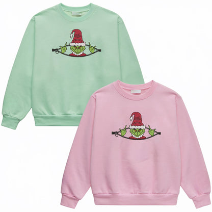 Embroidered Grinch Sweatshirt, Ugly Christmas Sweater, Santa-Inspired Zipper Pullover, Anti-Christmas Festive Top