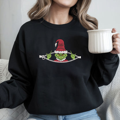 Embroidered Grinch Sweatshirt, Ugly Christmas Sweater, Santa-Inspired Zipper Pullover, Anti-Christmas Festive Top