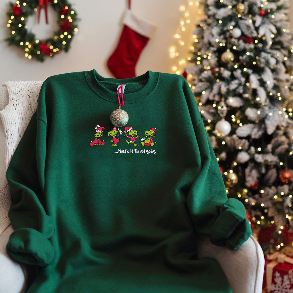 Embroidered Snoopy Christmas Sweatshirt, Grinch-Inspired Sweatshirt, Funny Santa Sweater, "That’s It, I’m Not Going" Festive Pullover