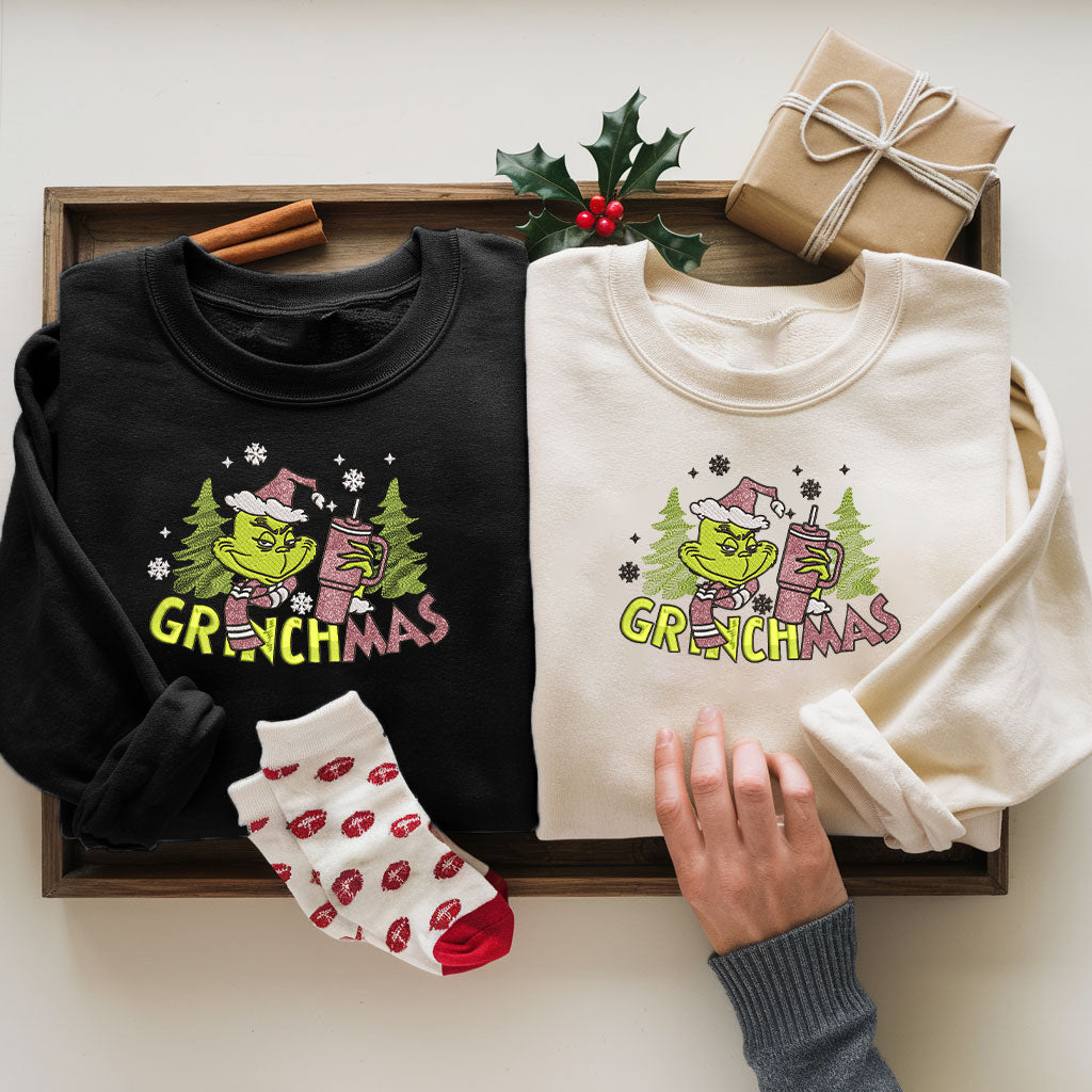 Embroidered Funny Grinchy Sweatshirt, Ugly Christmas Sweater, Festive Christmas Tree and Snowflake Sweater, Merry Grinchmas Pullover