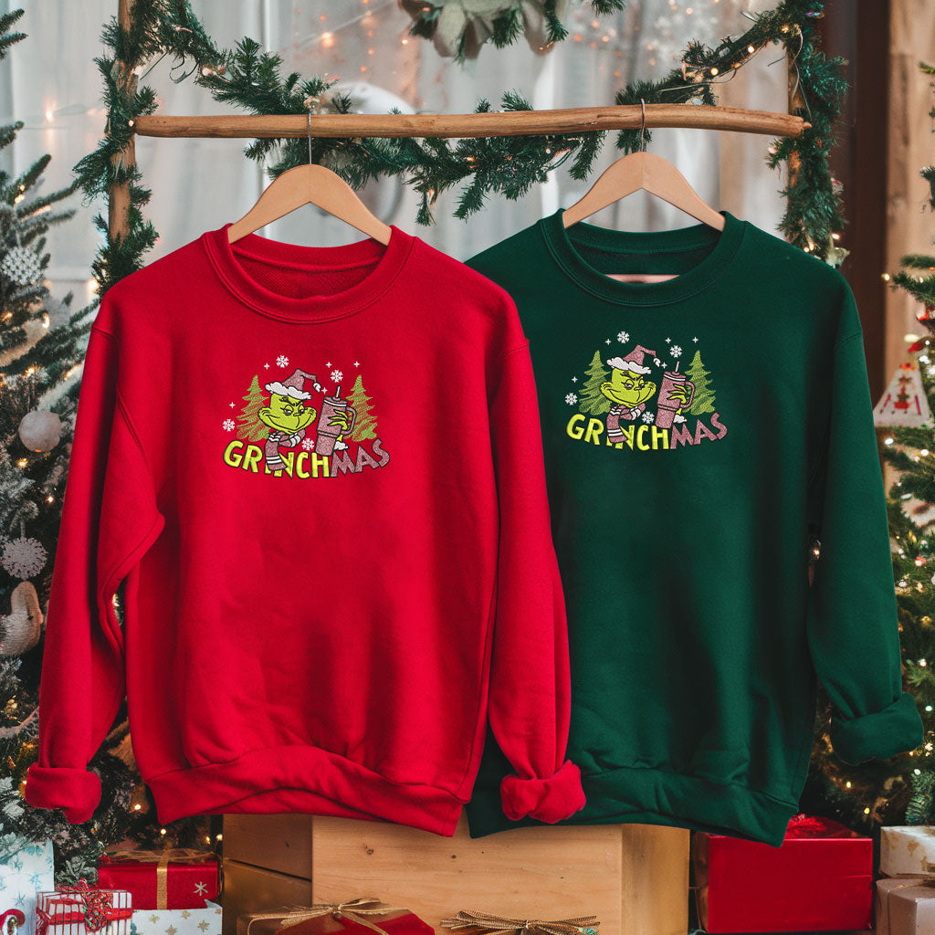 Embroidered Funny Grinchy Sweatshirt, Ugly Christmas Sweater, Festive Christmas Tree and Snowflake Sweater, Merry Grinchmas Pullover