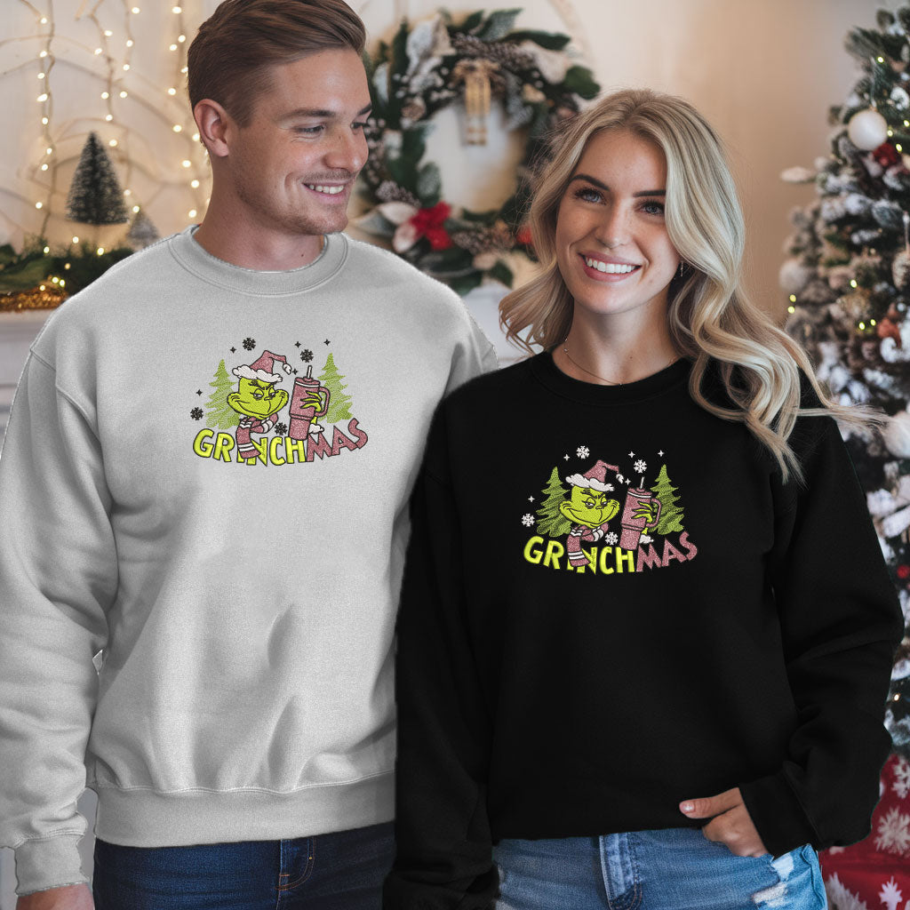 Embroidered Funny Grinchy Sweatshirt, Ugly Christmas Sweater, Festive Christmas Tree and Snowflake Sweater, Merry Grinchmas Pullover