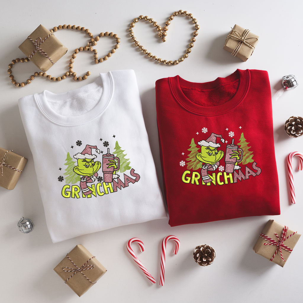 Embroidered Funny Grinchy Sweatshirt, Ugly Christmas Sweater, Festive Christmas Tree and Snowflake Sweater, Merry Grinchmas Pullover