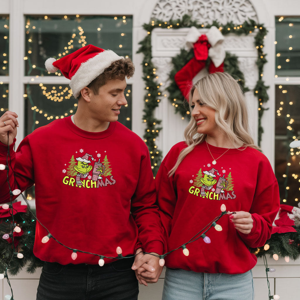 Embroidered Funny Grinchy Sweatshirt, Ugly Christmas Sweater, Festive Christmas Tree and Snowflake Sweater, Merry Grinchmas Pullover