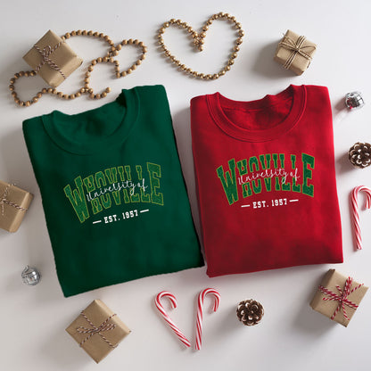 Embroidered Grinchy Glitter Sweatshirt, University of Whoville Sweater, Vintage Christmas Design, Holiday Movie-Inspired Shirt, EST 1957 Pullover