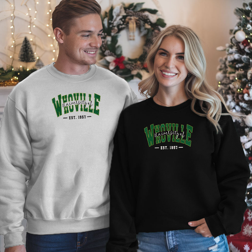 Embroidered Grinchy Glitter Sweatshirt, University of Whoville Sweater, Vintage Christmas Design, Holiday Movie-Inspired Shirt, EST 1957 Pullover