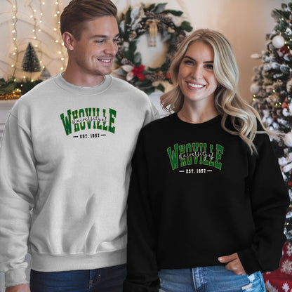 Embroidered Grinchy Glitter Sweatshirt, University of Whoville Sweater, Vintage Christmas Design, Holiday Movie-Inspired Shirt, EST 1957 Pullover