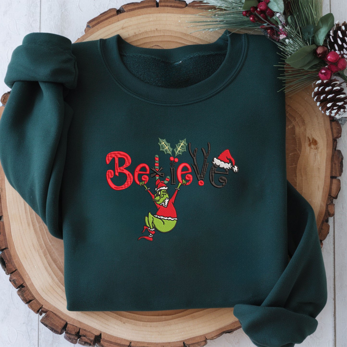 Embroidered Grinch Sweatshirt, Funny Christmas Sweater, Santa Festive Sweatshirt, "Believe in Christmas" Pullover, Rudolph-Inspired Top