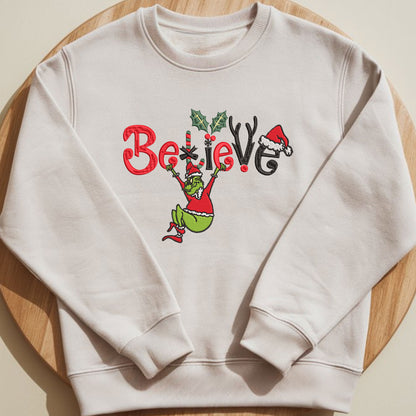 Embroidered Grinch Sweatshirt, Funny Christmas Sweater, Santa Festive Sweatshirt, "Believe in Christmas" Pullover, Rudolph-Inspired Top