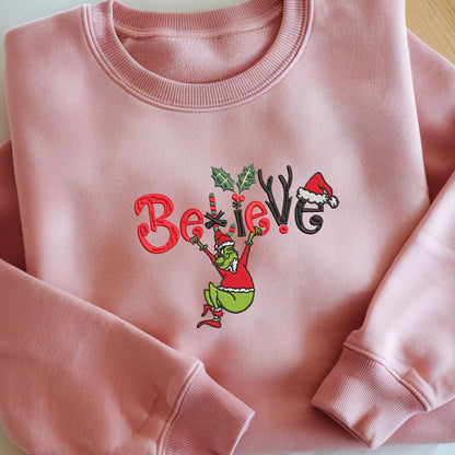 Embroidered Grinch Sweatshirt, Funny Christmas Sweater, Santa Festive Sweatshirt, "Believe in Christmas" Pullover, Rudolph-Inspired Top