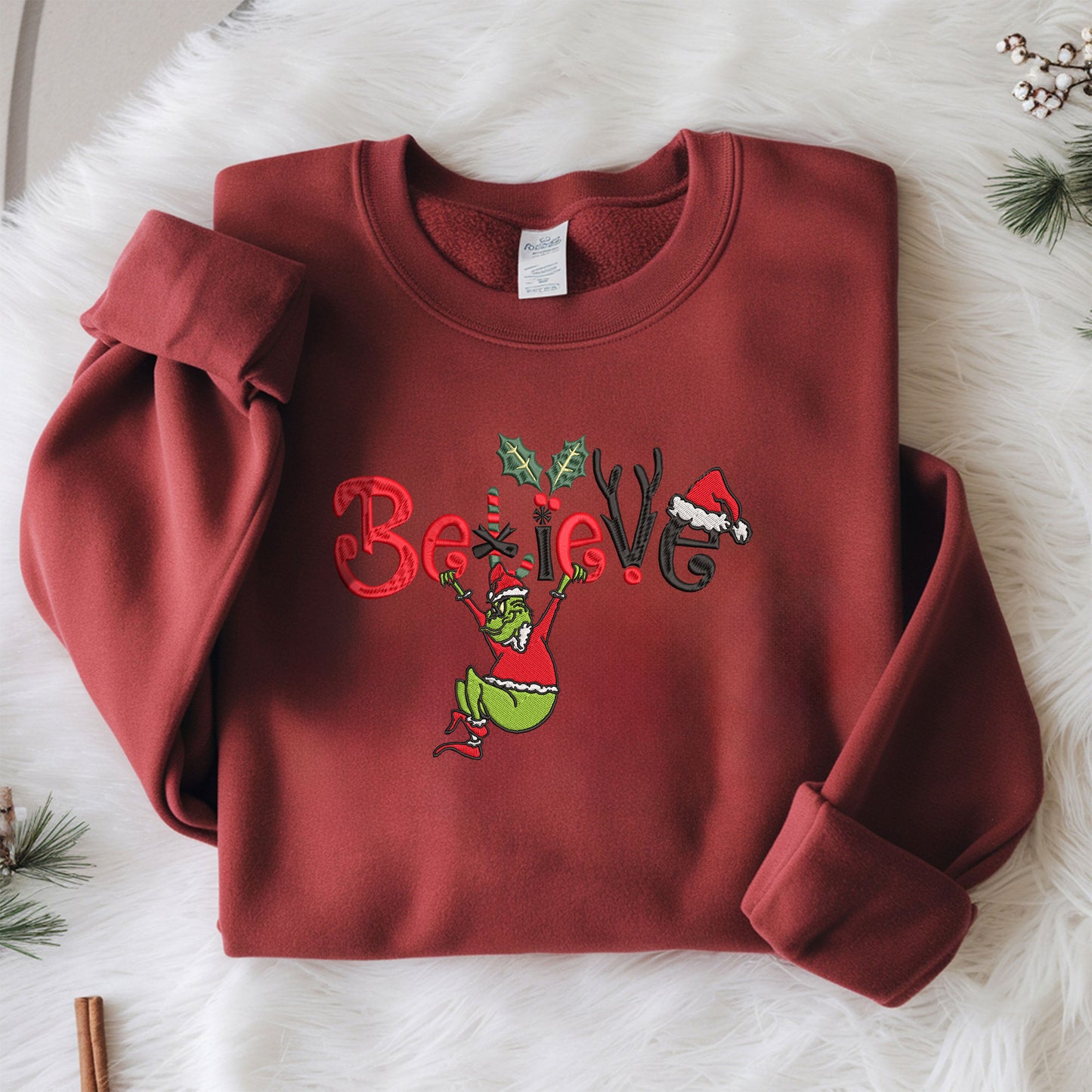 Embroidered Grinch Sweatshirt, Funny Christmas Sweater, Santa Festive Sweatshirt, "Believe in Christmas" Pullover, Rudolph-Inspired Top