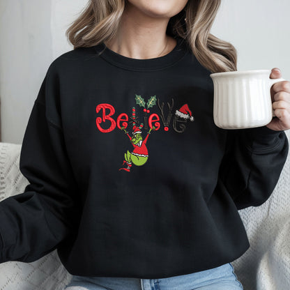 Embroidered Grinch Sweatshirt, Funny Christmas Sweater, Santa Festive Sweatshirt, "Believe in Christmas" Pullover, Rudolph-Inspired Top