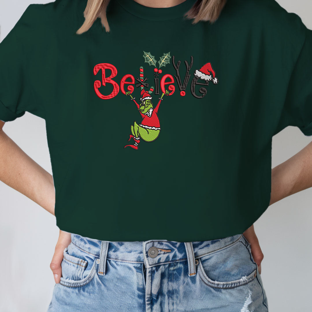 Embroidered Grinch Sweatshirt, Funny Christmas Sweater, Santa Festive Sweatshirt, "Believe in Christmas" Pullover, Rudolph-Inspired Top