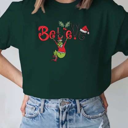 Embroidered Grinch Sweatshirt, Funny Christmas Sweater, Santa Festive Sweatshirt, "Believe in Christmas" Pullover, Rudolph-Inspired Top