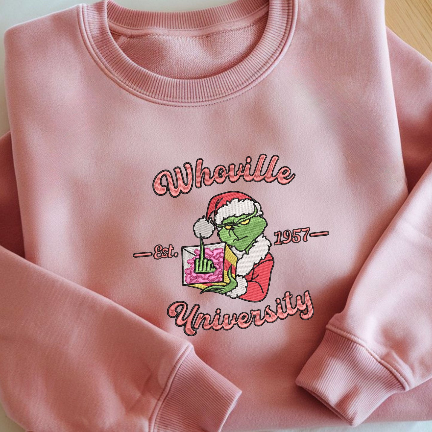 Embroidered Grinch Sweatshirt, Ugly Christmas Sweater, Santa-Inspired Sweatshirt, Whoville University Festive Pullover, EST 1957