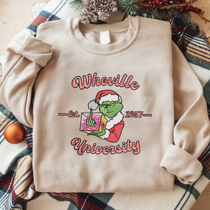 Embroidered Grinch Sweatshirt, Ugly Christmas Sweater, Santa-Inspired Sweatshirt, Whoville University Festive Pullover, EST 1957