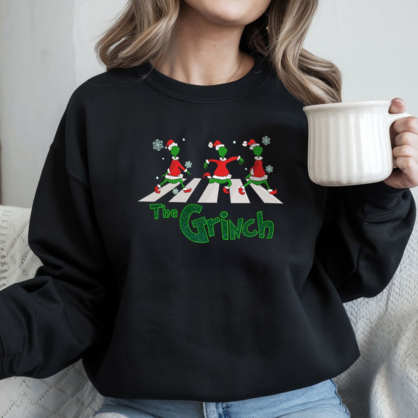 Embroidered Grinch Glitter Sweatshirt, Abbey Road-Inspired Christmas Sweatshirt, Funny Christmas Sweater, Santa Pullover