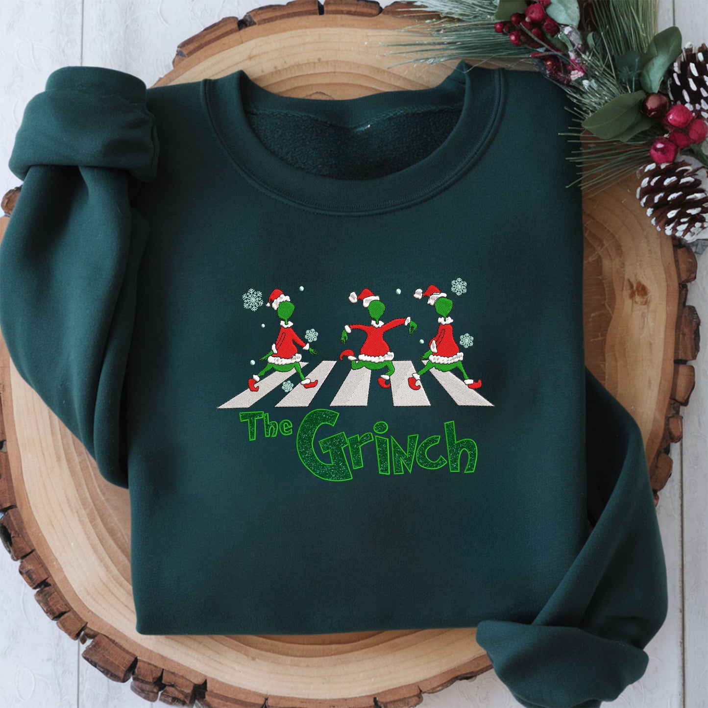 Embroidered Grinch Glitter Sweatshirt, Abbey Road-Inspired Christmas Sweatshirt, Funny Christmas Sweater, Santa Pullover