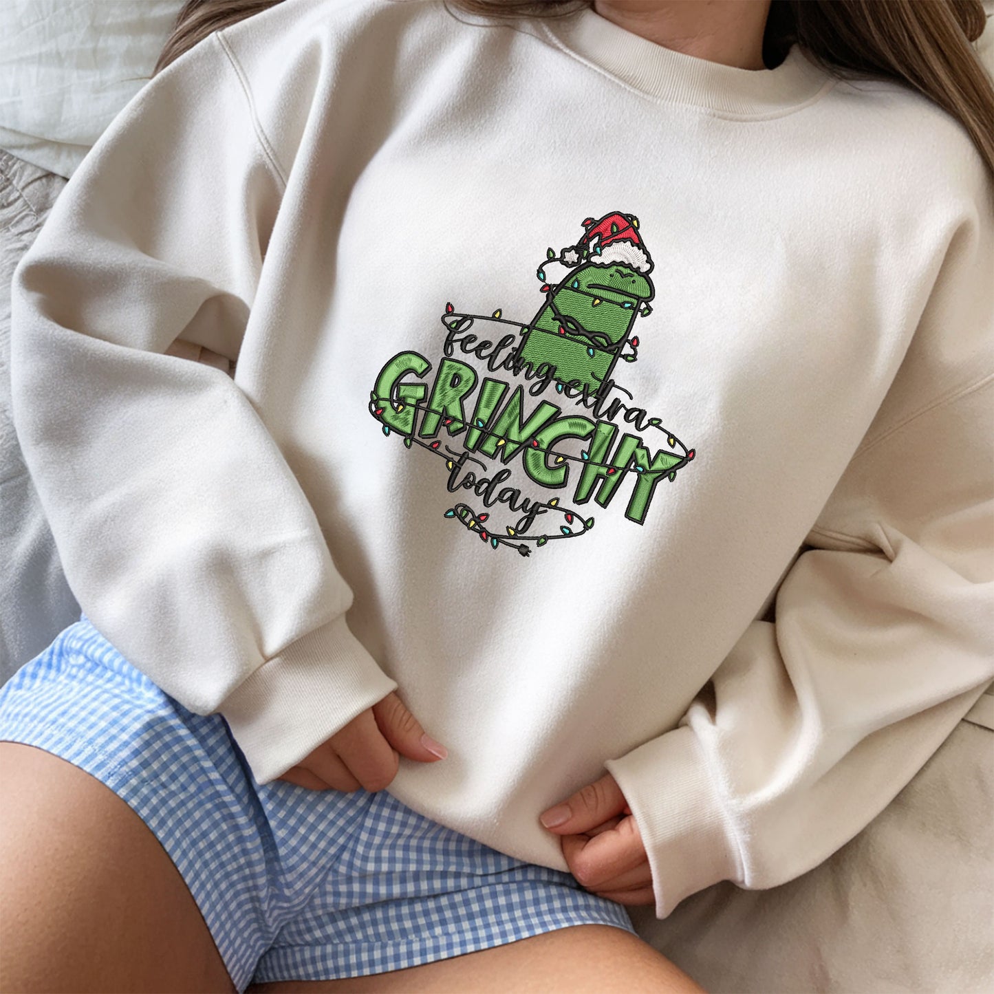 Embroidered Grinchy Sweatshirt, Funny Christmas Holiday Sweater, Santa-Inspired Festive Pullover, "Feeling Extra Grinchy Today" Holiday Spirit Top