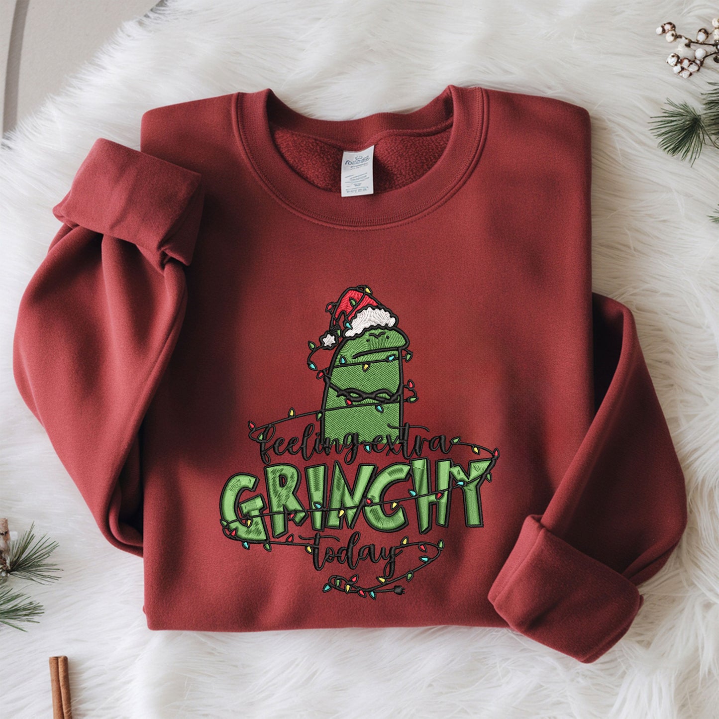 Embroidered Grinchy Sweatshirt, Funny Christmas Holiday Sweater, Santa-Inspired Festive Pullover, "Feeling Extra Grinchy Today" Holiday Spirit Top